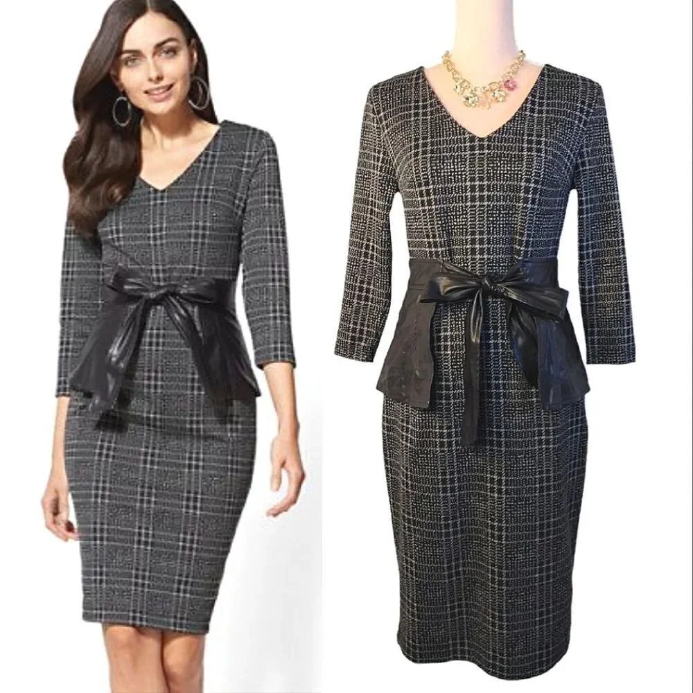 New York & Co Black Plaid Vegan Leather Bow‎ Sheath Midi Dress Small